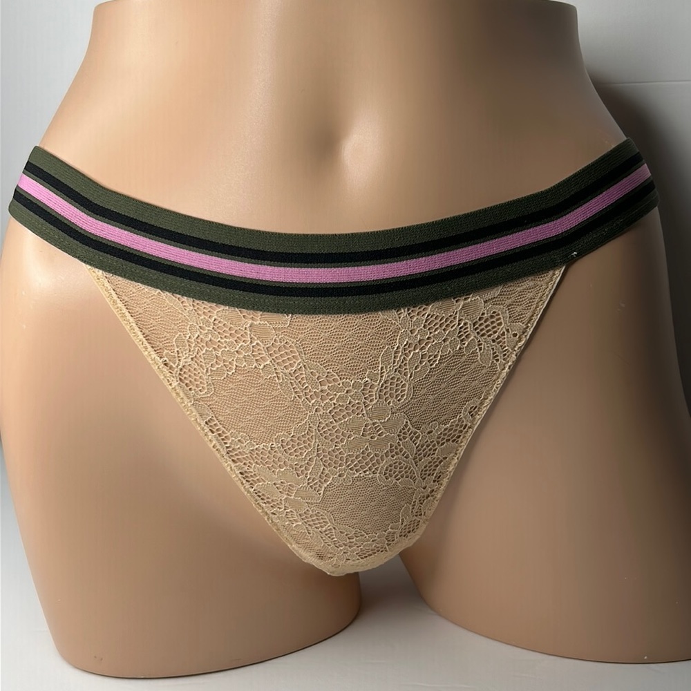 Forever 21 Beige Lace With‎ Sporty Stripe Elastic Waistband Panties Sz M NWT